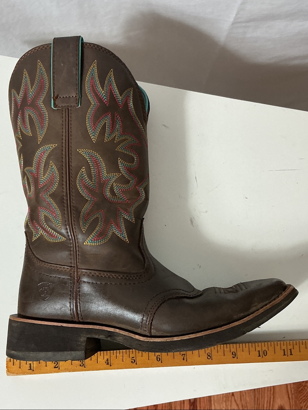 Ariat Brown Leather Western Boots with Turquoise Trim and Red Lining - Picture 10 of 12
